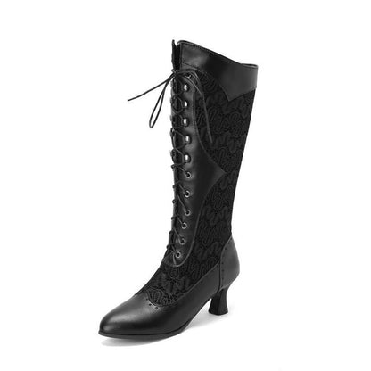 Plus Size Lace Color-Block High Heeled Knee Boots W517