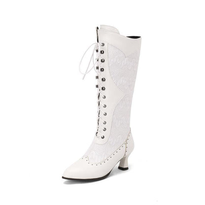 Plus Size Lace Color-Block High Heeled Knee Boots W517